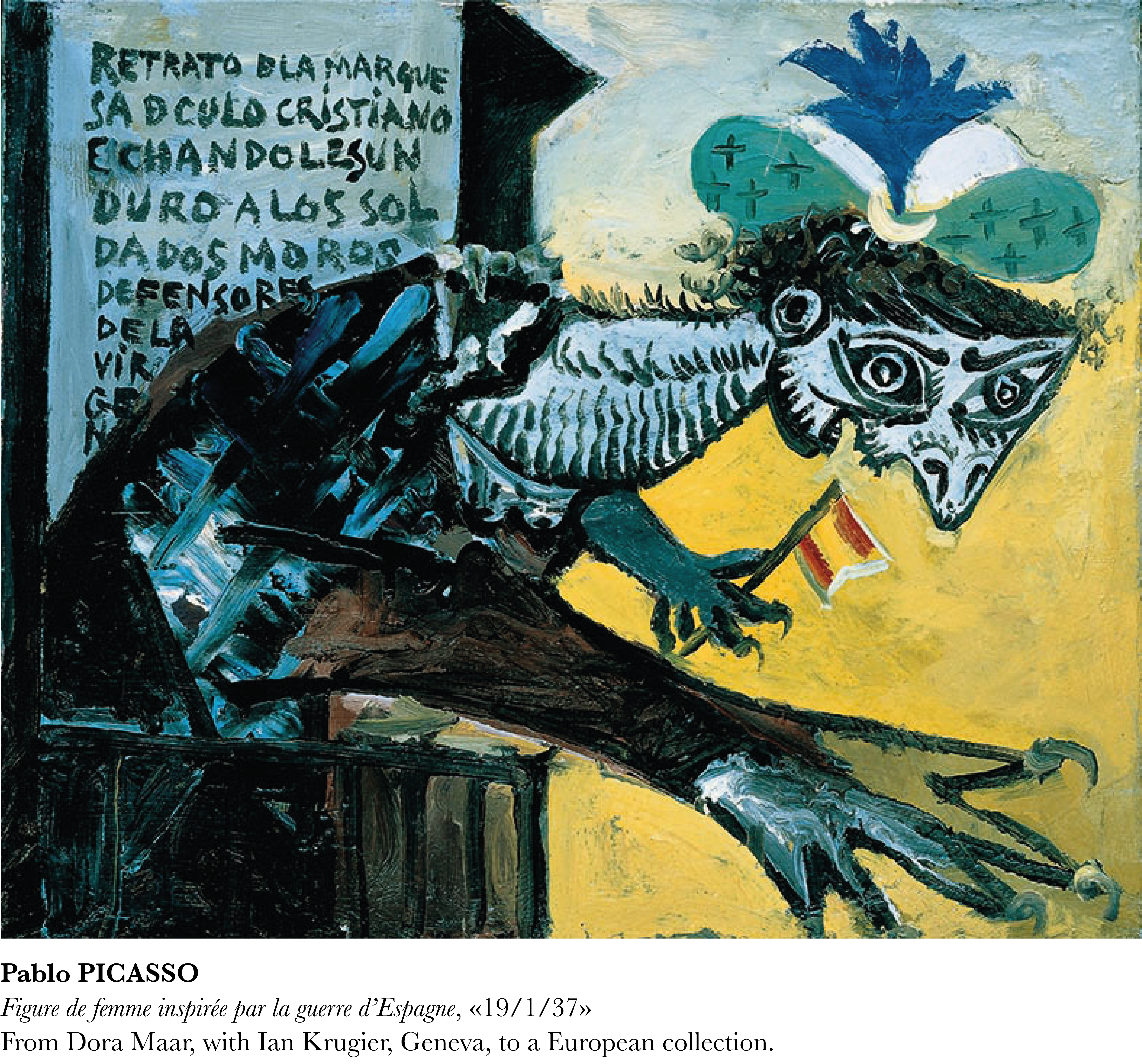 Peinture satirique de Pablo Picasso montrant une figure monstrueuse à plumes tenant un drapeau espagnol à côté d'une inscription textuelle.