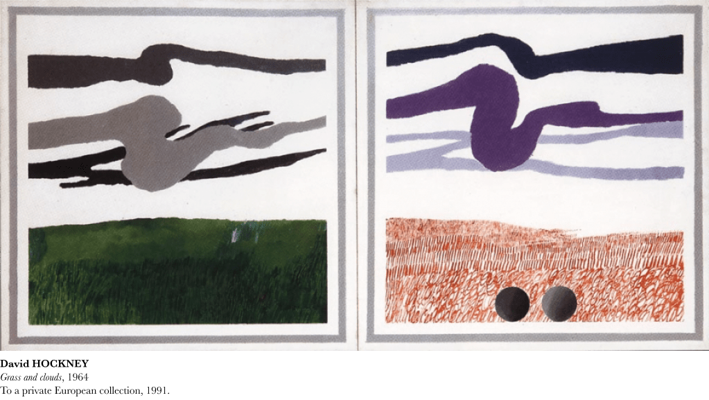 Diptyque d'art abstrait par David Hockney évoquant des paysages avec des lignes sinueuses dans le ciel, un panneau inférieur vert à gauche et un champ texturé orange avec deux cercles à droite.