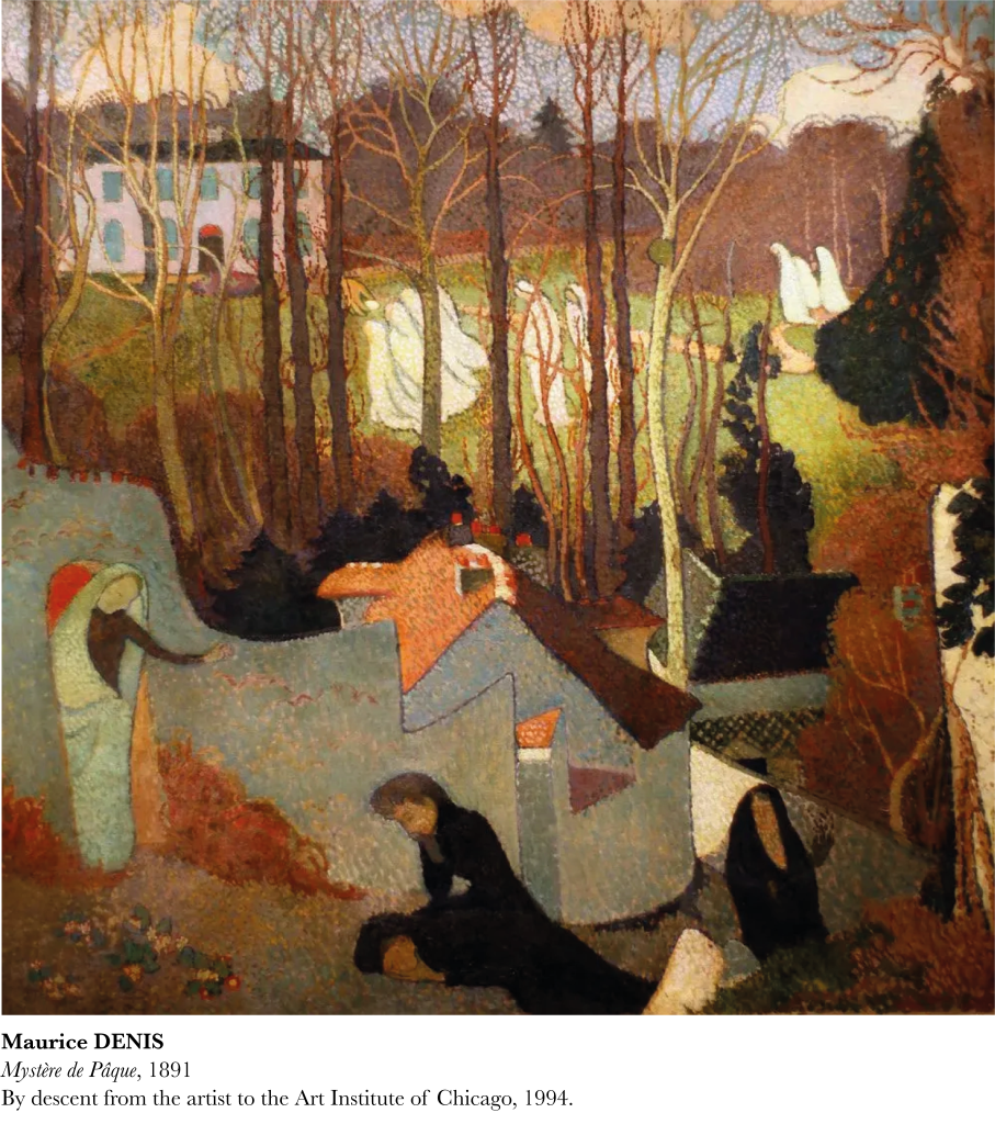 Peinture nabi de Maurice Denis représentant des figures féminines en deuil au premier plan et des silhouettes blanches traversant un verger au printemps.