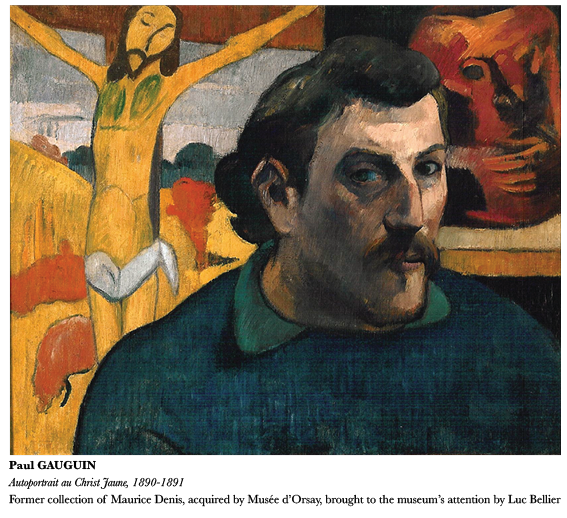 Autoportrait de Paul Gauguin de 1890, avec le Christ jaune en arrière-plan et un pot anthropomorphe, chef-d'œuvre du postimpressionnisme.